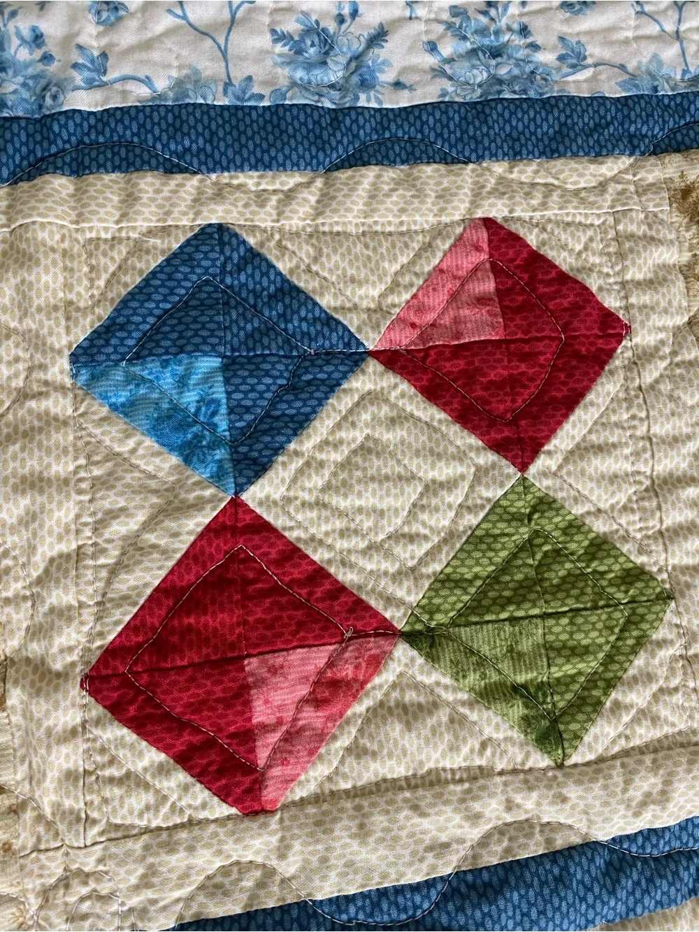 Handmade Patchwork Quilt Bedspread in Cream, Red, Blue & Green by